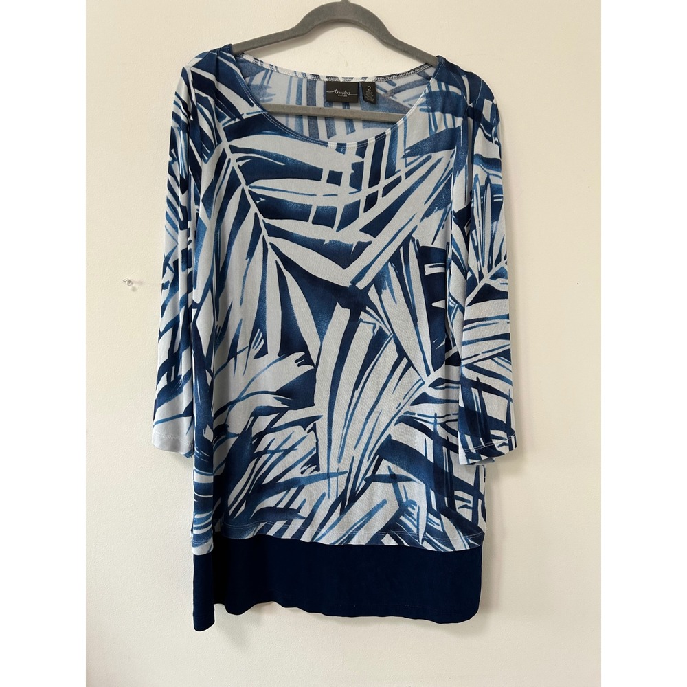 Chico's Travelers Palm Print Tunic Top Womens 2 Blue Coastal Aesthetic